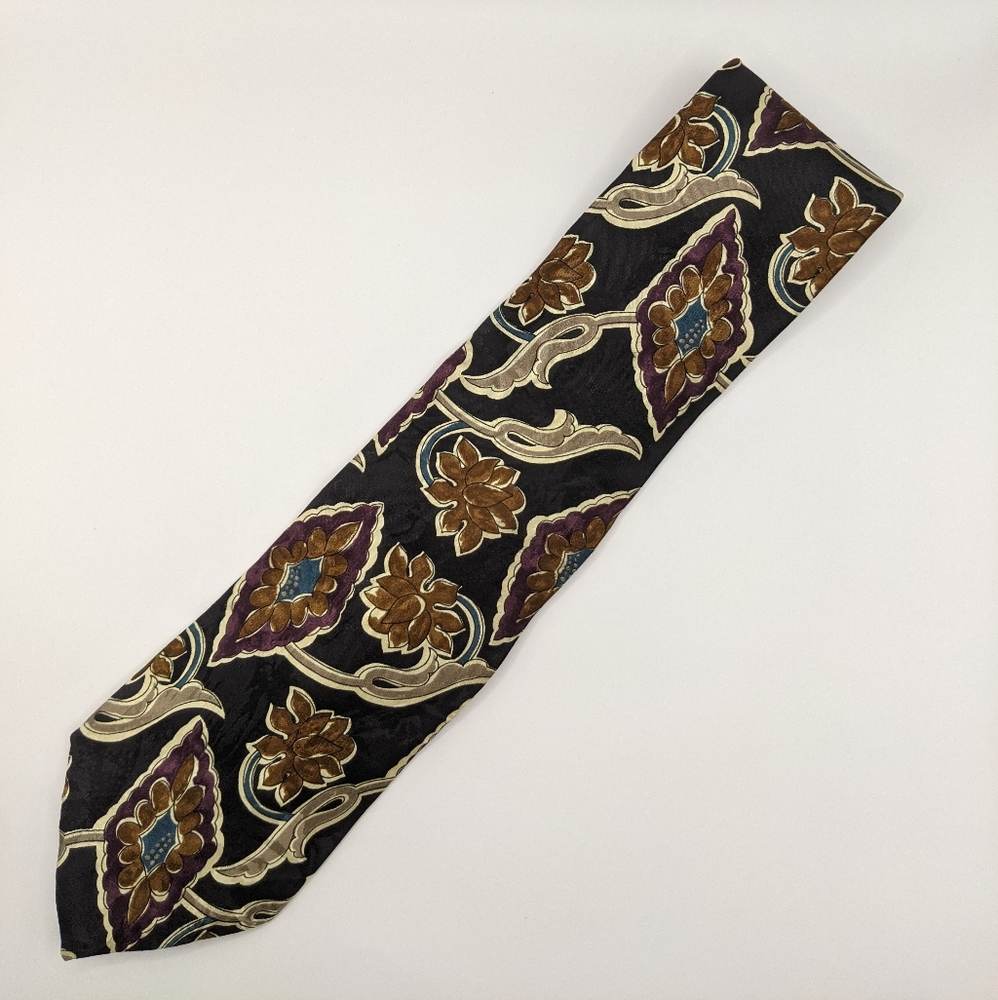 Guy LaRoche - Black with Purple Hand Drawn Floral Pattern Men's Neck Tie